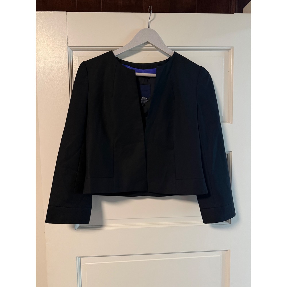 J.Crew Womens Black 100% Wool Silk Trim Cropped Collarless Blazer Jacket Size 2